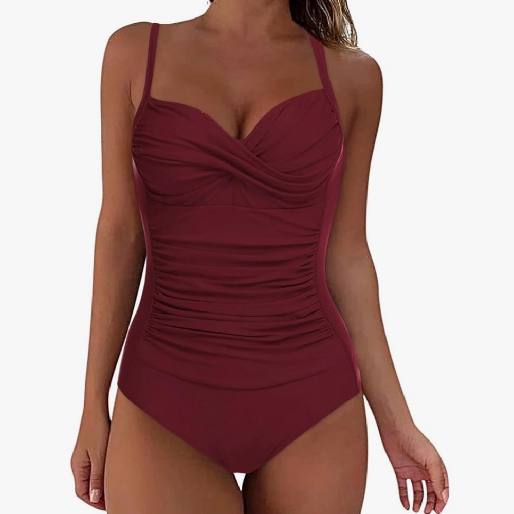 Cupshe Women’s Burgundy Ruched One-Piece Swimsuit Size Large